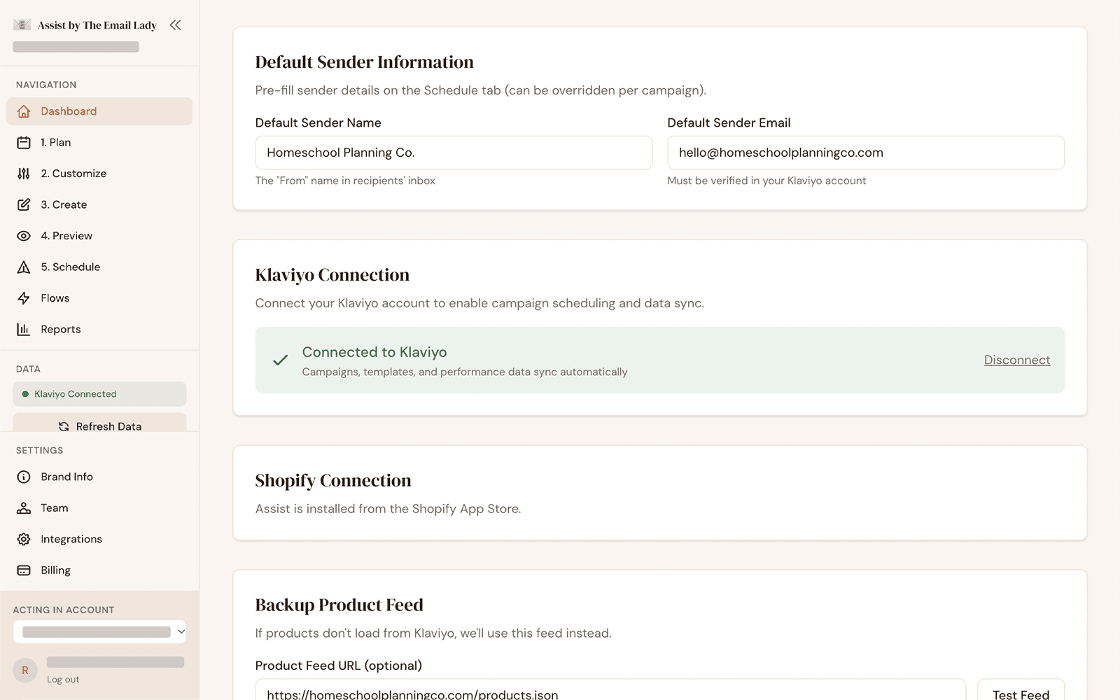 Assist settings screen with default sender information and connected Klaviyo and Shopify accounts