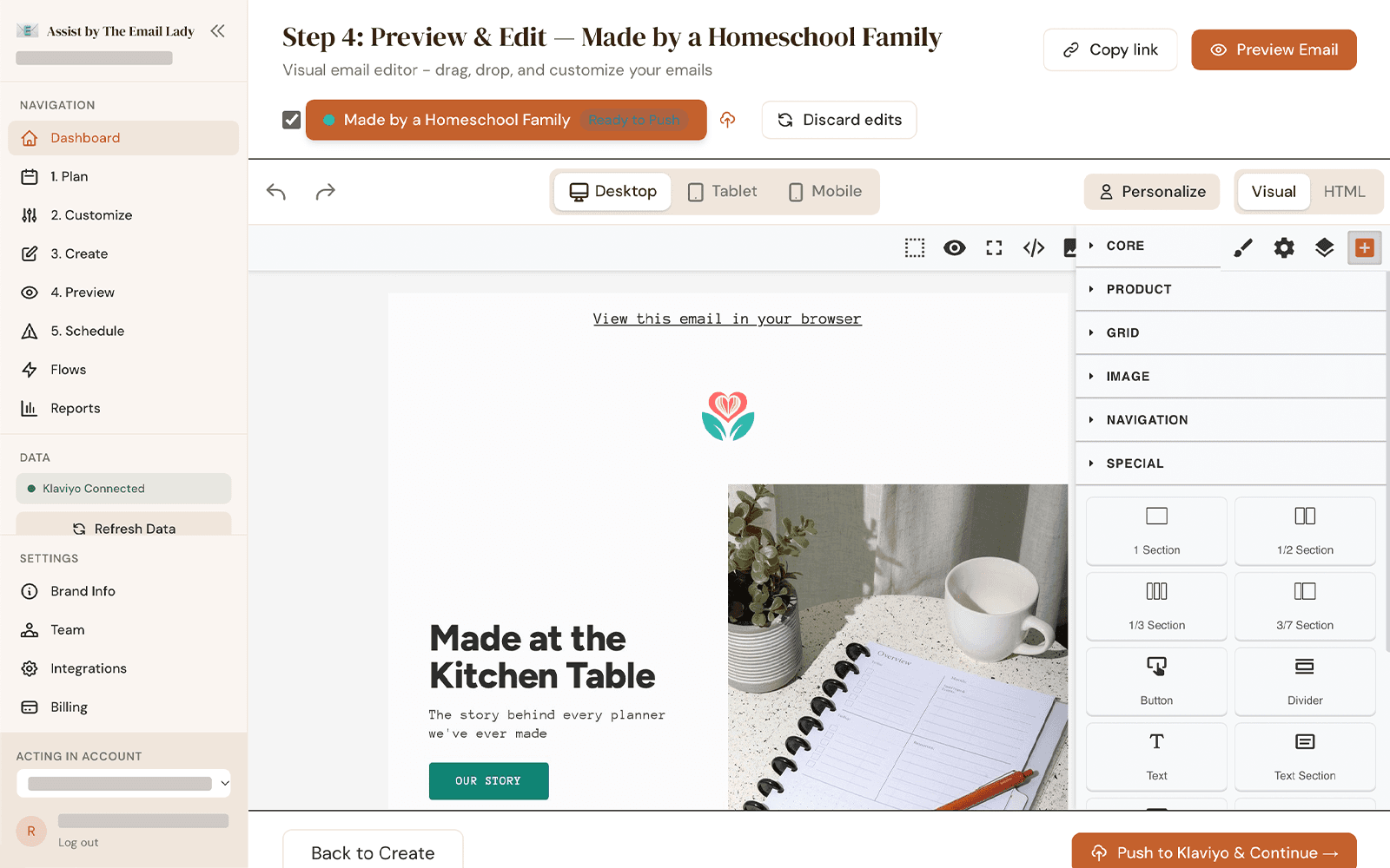 Assist visual email editor previewing a drafted campaign with desktop, tablet, and mobile views